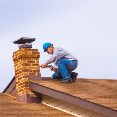 Chimney flue repair being conducted by a worker in New Jersey on a clear day Chimney flue repair being conducted by a worker in New Jersey on a clear day