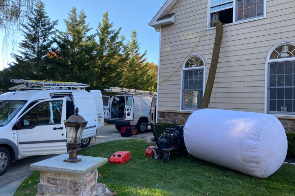 Residential dryer vent cleaning service in progress at a home with equipment set up outside Residential dryer vent cleaning service in progress at a home with equipment set up outside